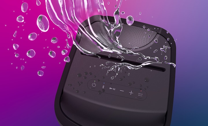 Image of XP700 X-Series Portable speaker from above with splashes of water, showcasing the water resistance.