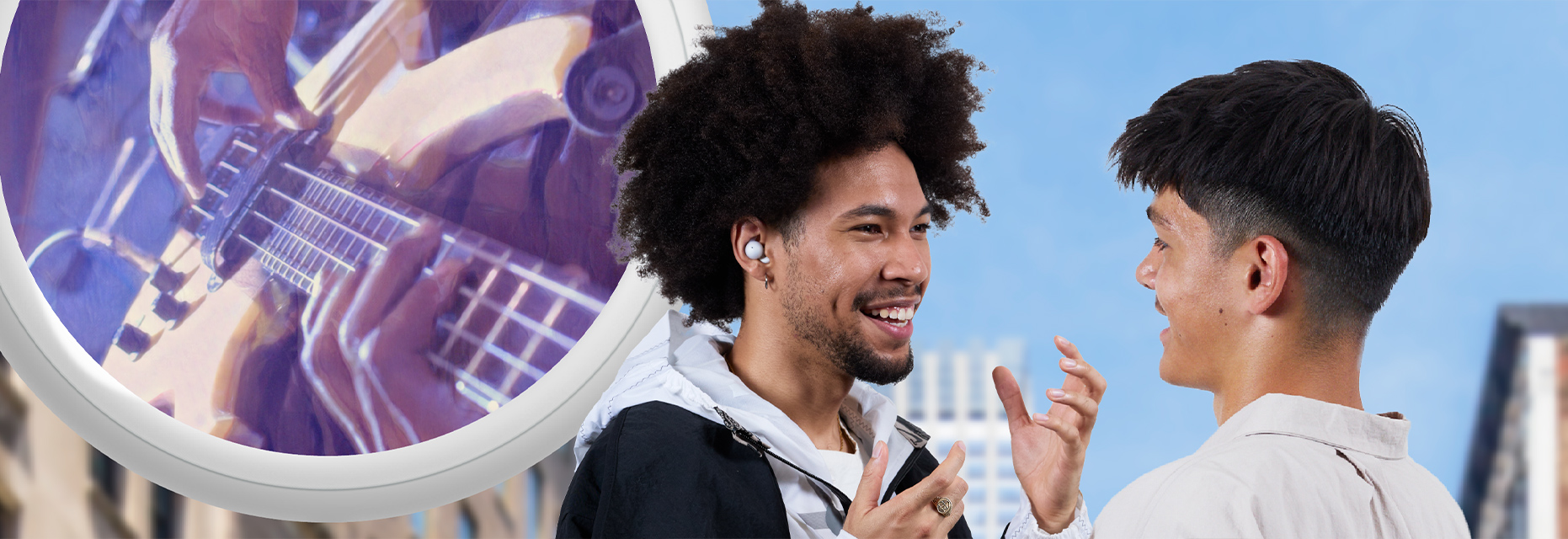 Two friends talking to one another, one of whom is wearing a pair of LinkBuds Open earbuds, with an image of someone playing the guitar in the background.